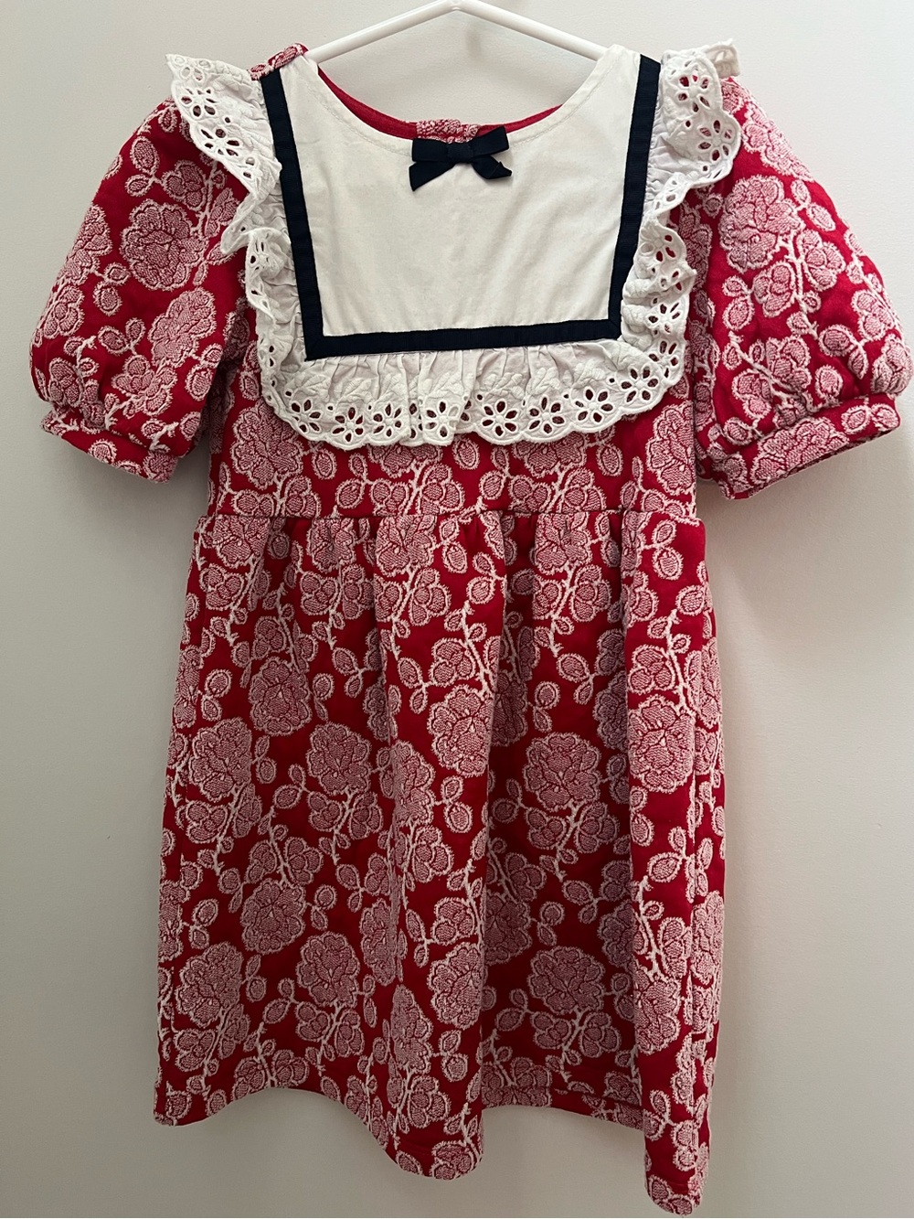 Janie and Jack Cream Dress with Red Neck Trim and Navy Bow